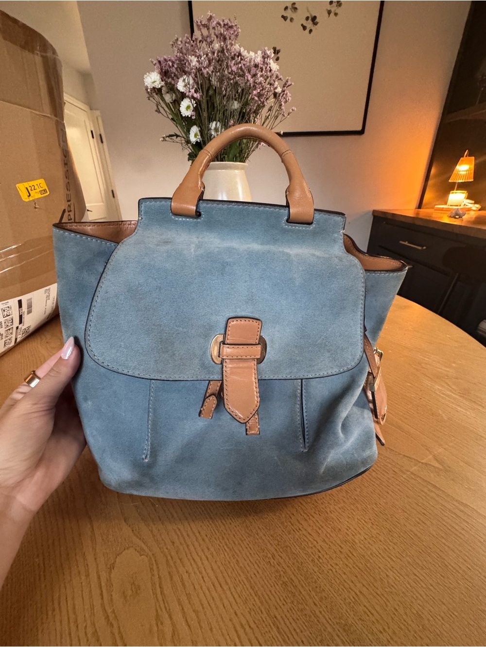 Michael Kors Blue Suede Backpack with Tan Trim